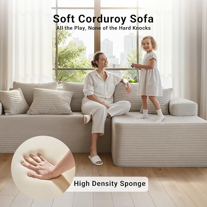 Claiks 104" Boneless Couch, Cloud Couch Sectional, L-Shape Corduroy Modular Sectional Sofa Deep Seat, Upholstered Couches for Living Room, No Assembly Required, Beige, Right Facing Chaise