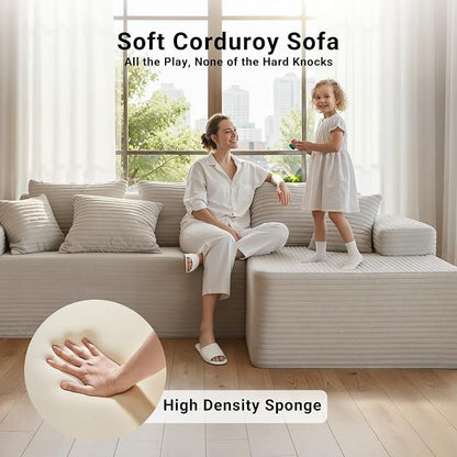 Claiks 104" Boneless Couch, Cloud Couch Sectional, L-Shape Corduroy Modular Sectional Sofa Deep Seat, Upholstered Couches for Living Room, No Assembly Required, Beige, Right Facing Chaise