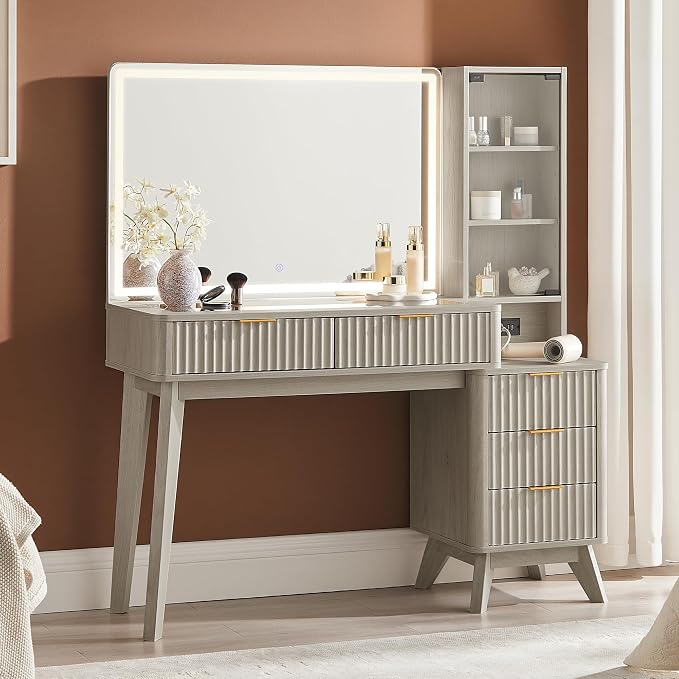 T4TREAM 48" Fluted Makeup Vanity Desk with Large 36" Mirror and Lights, Modern Glass Top Big Vanity Table w/5 Drawers & Adjustable Shelves, Dressing Table w/Charging Station for Bedroom, White Alder