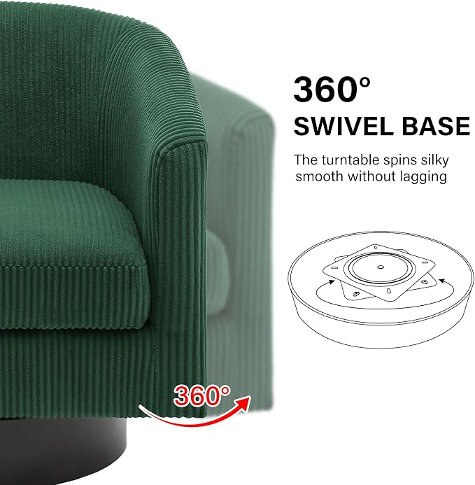 Swivel Barrel Accent Chair, Modern Round Corduroy Fabric Arm Chair for Living Room, Bedroom, Comfy Club Reading Chairs for Adults (Corduroy Dark Green, Set of 1)