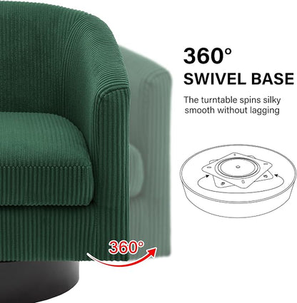 Swivel Barrel Accent Chair, Modern Round Corduroy Fabric Arm Chair for Living Room, Bedroom, Comfy Club Reading Chairs for Adults (Corduroy Dark Green, Set of 1)