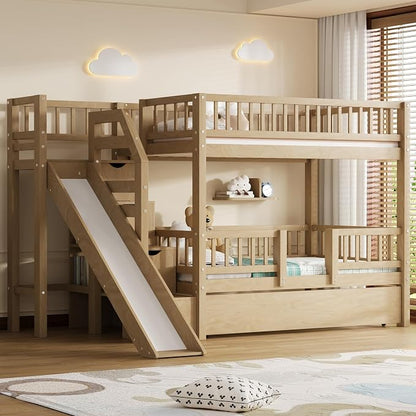 RUNNA Twin Over Twin Bunk Bed with Slide,Trundle,Storage Stairs,Walnut | Twin over twin bunk bed with slide,trundle,storage stairs,solid pine wood frame, guardrails,no box spring needed,walnut