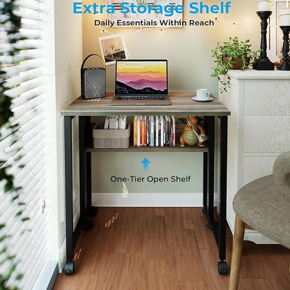 GreenForest Folding Desk with Wheels, 24.8 Inch Compact Rolling Computer Table with Storage Shelf, Portable Mobile Workstation for Small Spaces, Easy Assembly,Grey Wash
