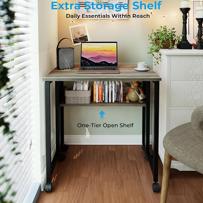 GreenForest Folding Desk with Wheels, 31.5 Inch Compact Rolling Computer Table with Storage Shelf, Portable Mobile Workstation for Small Spaces, Easy Assembly, Grey Wash