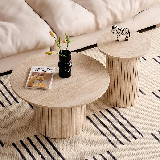 Round Nesting Coffee Table Set of 2, Fluted for Small Spaces | Modern style, suitable for living rooms, roller design, wooden