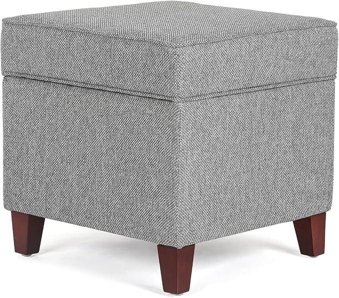 Adeco 17 Inch Square Linen Storage Ottoman for Living Room & Bedroom, Small Upholstered Footrest Stool with Hinged Lid and Wood Legs, Modern Accent Furniture, Light Gray