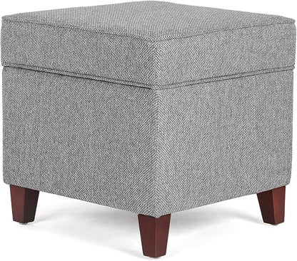 Adeco 17 Inch Square Linen Storage Ottoman for Living Room & Bedroom, Small Upholstered Footrest Stool with Hinged Lid and Wood Legs, Modern Accent Furniture, Light Gray
