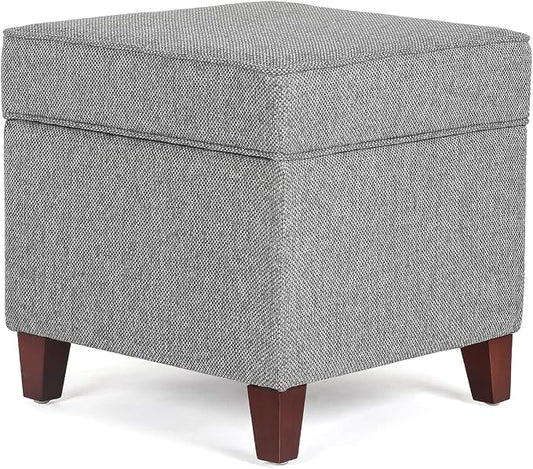 Adeco 17 Inch Square Linen Storage Ottoman for Living Room & Bedroom, Small Upholstered Footrest Stool with Hinged Lid and Wood Legs, Modern Accent Furniture, Light Gray