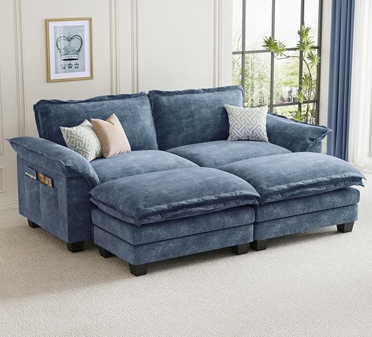 KKL Modular Sectional Sofa Bed, 4 Seater Cloud Couch with Ottoman, Chenille Sectional Couches for Living Room, Apartment,Blue
