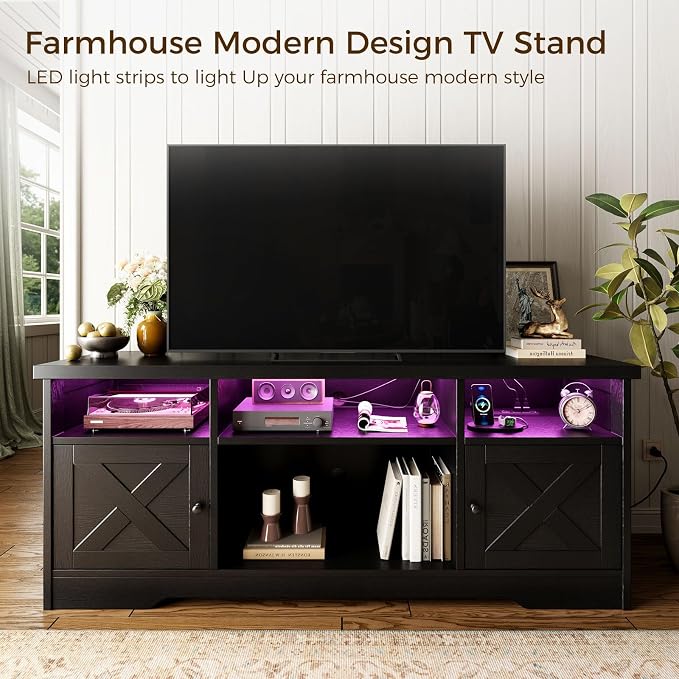 Casaottima TV Stand for 65 Inch TV, Farmhouse Entertainment Center with Power Outlet & LED Light and Storage Cabinets, Console Table and Media Furniture for Living Room Bedroom, Black