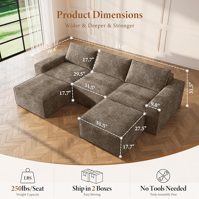 Vesgantti 114" Boneless Modular Sectional Sofa, Modern U Shaped 5 Seater Couch with 2 Ottoman & Deep Seat, Convertible Chenille Cloud Couches for Living Room, No Assembly Required, Dark Brown