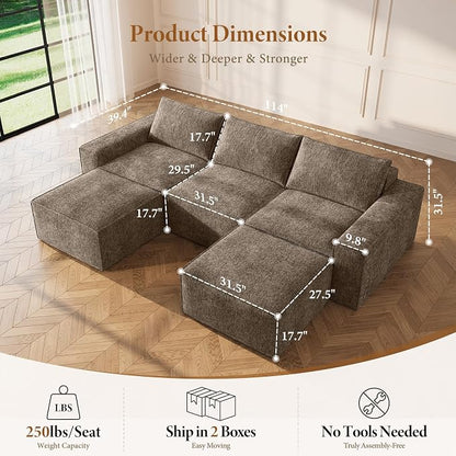 Vesgantti 114" Boneless Modular Sectional Sofa, Modern U Shaped 5 Seater Couch with 2 Ottoman & Deep Seat, Convertible Chenille Cloud Couches for Living Room, No Assembly Required, Dark Brown