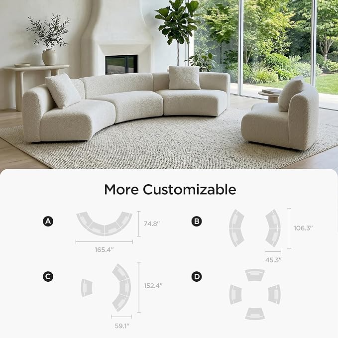 Acanva Formia Boucle Curved Sectional Sofa, Armless Chair, White | Modular Couch, Modern Minimalist, Wood Frame, For Living Room, Apartment, Home Office