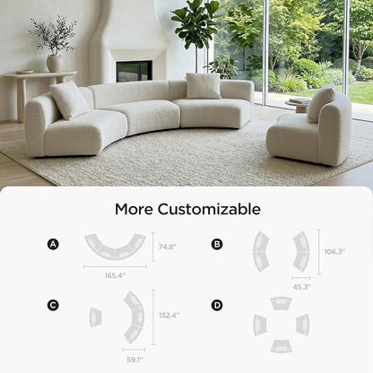 Acanva Formia Boucle Curved Sectional Sofa, Armless Chair, White | Modular Couch, Modern Minimalist, Wood Frame, For Living Room, Apartment, Home Office