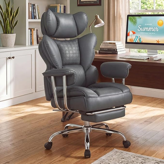 DUMOS Big and Tall Office Chair 400 LBS, Scratch-Resistant PU Leather Executive Office Desk Chair with Footrest, Ergonomic Reclining Computer Chairs with Pocket Spring Support, Grey