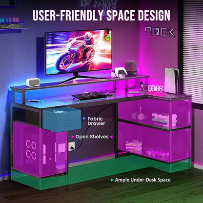 DUMOS 47” Gaming Desk with USB Charging Ports & LED Lights, Reversible L Shaped Desks Computer Corner Gamer Table with Stand Storage Shelves for Home Office Small Space, Modern Black