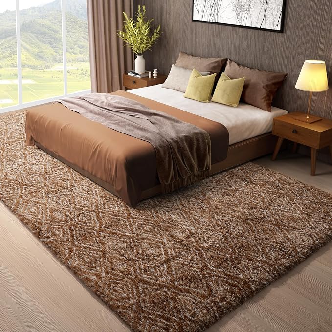 Ophanie 8x10 Brown and White Diamond Striped Rugs for Living Room,Large Fluffy Shag Fuzzy Plush Soft Carpets,Shaggy Rug for Bedroom,Carpet for Kids Boys Girls Dorm Decor with Over 99 pcs Pile fibers