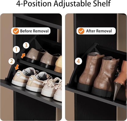Shoe Storage Cabinet, Wood Shoe Organizer for Entryway with 3 Flip Drawers, Freestanding Shoe Rack with Adjustable Shelf, Narrow Shoe Dresser for Front Door Entrance (Black, Tall 3 Drawers)