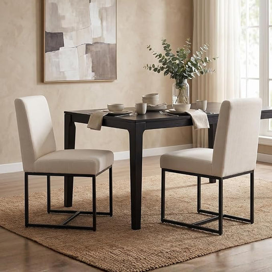 CIMOTA Modern Linen Dining Chair Set of 2, Mid Century Dining Room Chairs Fabric Upholstered Armless Side Chair with Black Sled Base for Dining Room, White Cream 2PCS