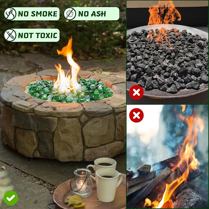 Fire Pit Glass Rocks Square, Fire Glass Cubes, Tempered Firepit Stones for Fireplace, Firepit Table Indoor or Outdoor, Replacing Traditional Burning Wood 10 pounds, Green Reflective