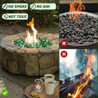 Fire Pit Glass Rocks Square, Fire Glass Cubes, Tempered Firepit Stones for Fireplace, Firepit Table Indoor or Outdoor, Replacing Traditional Burning Wood 10 pounds, Green Reflective