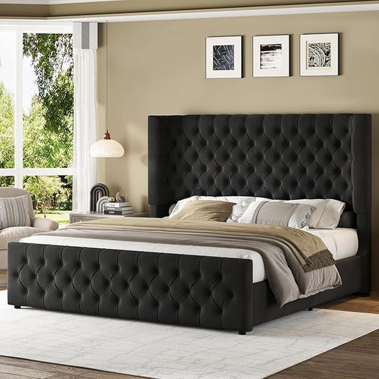 Jocisland Queen Size Upholstered Bed Frame with 6.3-Inch Curved Wingback Headboard, Tufted Footboard, Wood Slats, No Box Spring Needed, Black Velvet