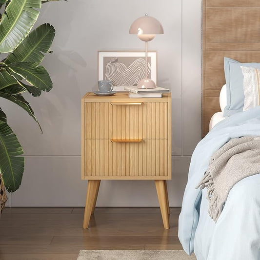YAUKOMEL Fluted Nightstand,Small Bedside Table,Natural Wood Night Stand,Light Wood Side Table with Solid Wood Legs,End Table for Bedroom,Small Space 11.8" D x 15.7" W x 22.8" H Natural CTG55Y