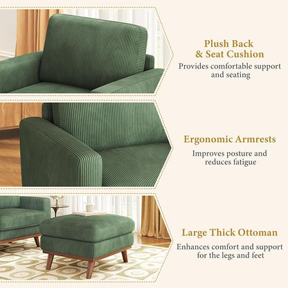Vesgantti 38.5" Accent Chair with Movable Ottoman, Comfy Corduroy Armchair with Spring Cushion, Reading Chair with Ottoman, Modern Single Sofa for Living Room, Bedroom and Apartment, Green