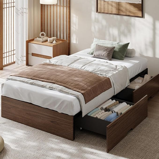 Garvee Twin Bed Frame with 2 Storage Drawers, Wood Platform Floor Bed Frame Without Headboard, Wood Slat Support, No Box Spring Needed, Easy Assembly