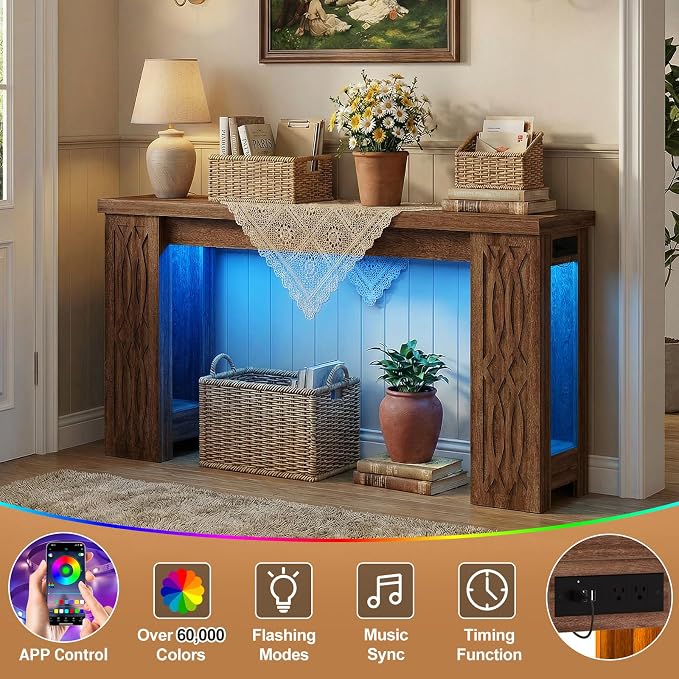 Cyclysio 47" Console Table with Outlet, Farmhouse Entryway Table with Colorful LED Lights, Wooden Sofa Table with Unique Carved Design, Foyer Accent Table for Entrance, Hallway, Living Room