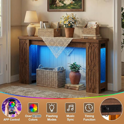 Cyclysio 47" Console Table with Outlet, Farmhouse Entryway Table with Colorful LED Lights, Wooden Sofa Table with Unique Carved Design, Foyer Accent Table for Entrance, Hallway, Living Room