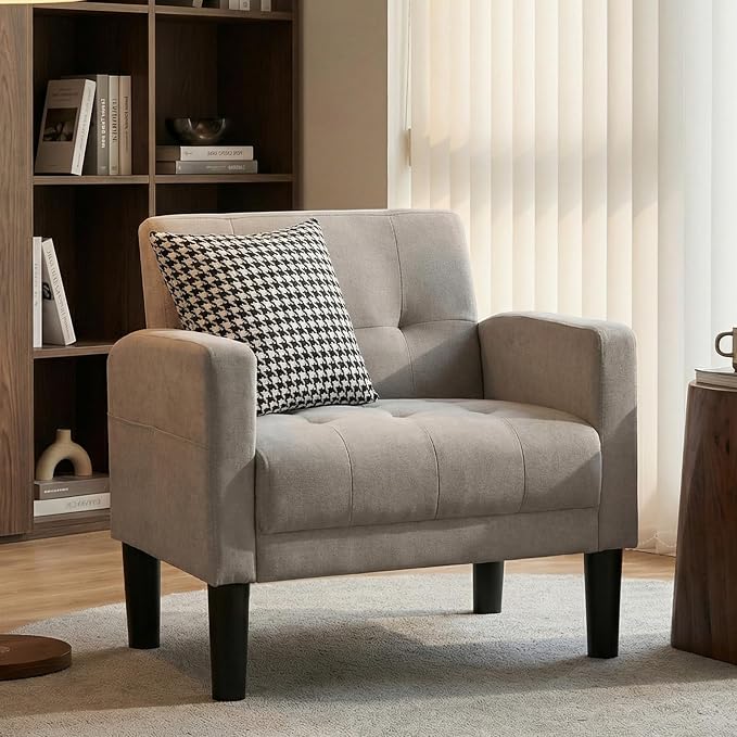 TYBOATLE Accent Chair Living Room Chairs Cozy Tufted Mid Century Modern Accent Chairs with Arms for Bedroom Comfy Reading Arm Chair Small Chairs for Small Spaces Living Room Office (1, Light Grey)
