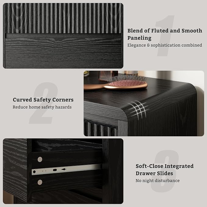 LYNSOM 5 Drawer Dresser for Bedroom, 48" Tall Fluted Dresser with Curved Corners, Wood Dressers & Chests of Drawers with Dual-Panel Design for Bedroom, Entryway, Black