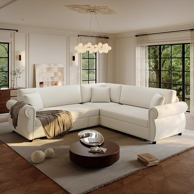 88.2" Sectional Sleeper Sofa with Pull Out Bed - Oversize L-Shaped Convertible Sleeper Couch Bed, Button Tufted Chesterfield Sofa, Chenille Vintage Couches for Living Room/Apartment(4-Seater, Beige) | Pull Out Couch Bed