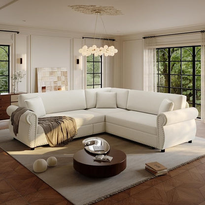 88.2" Sectional Sleeper Sofa with Pull Out Bed - Oversize L-Shaped Convertible Sleeper Couch Bed, Button Tufted Chesterfield Sofa, Chenille Vintage Couches for Living Room/Apartment(4-Seater, Beige) | Pull Out Couch Bed