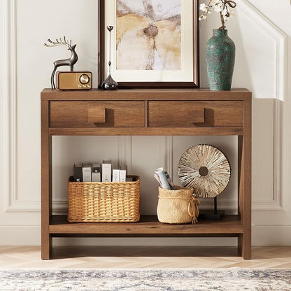 ONBRILL Console Table with Drawers, 40 Inch Narrow Entryway Table with Open Storage Shelves, Mid Century Modern Hallway Accent Tables Behind Couch Table for Living Room (Vintage Brown)