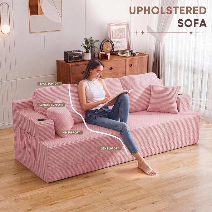 Homall 87” Boneless Sofa Couch with 2 Pillows Extra Deep Seats, Corduroy Fabric 3 Seater with Cup Holder & Storage Pocket Upholstered Floor Easy Installation (Pink, 3 Seater)