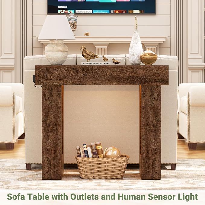 Unikito 39" Entryway Table with Socket and Sensor Light, Narrow Console Table with Storage Behind Couch, Farmhouse Entryway Table for Hallway, Behind the Couch, Living Room, Foyer, Rustic Oak