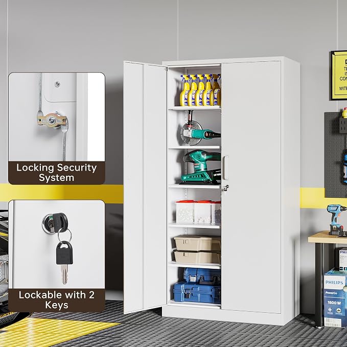 71"H Metal Storage Cabinet with Lock, White Garage Cabinets with 2 Doors and 5 Adjustable Shelves, Steel Locking Caninets Tall Tool Utility Caninet, Lockable File Cabnet for Home Office, Pantry