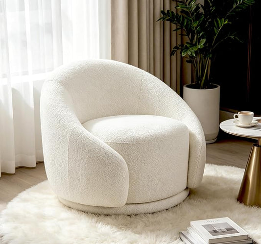 VANOMi Swivel Accent Chairs for Living Room, 34" Swivel Barrel Chair Oversized Armchairs Modern Boucle Reading Chairs for Bedroom, Corner, Apartment, Cream White