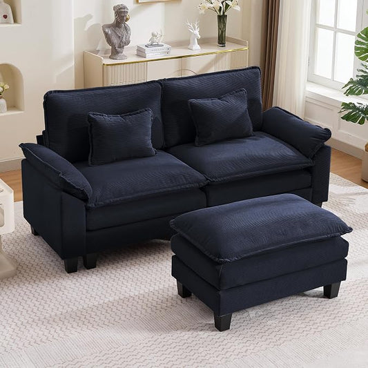 87" Corduroy Modular Sectional Sofa, Convertible L Shaped Modular Sofa Comfy Cloud Couch with Ottoman, Side Pockets and 2 Throw Pillows for Living Room, Blue, 3 Seats