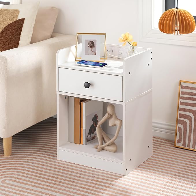 HOOBRO Nightstand with Charging Station, End Table with Drawer and Opening Shelf, Bedside Table with USB Ports and Outlets, Small Night Stand for Bedroom, Simple Style, White WT18UBZ01