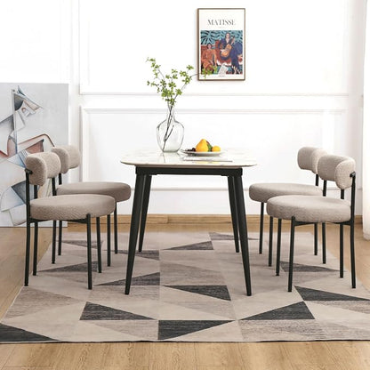 EDWELL Boucle Dining Chairs Set of 4, Modern Dining Room Chairs with Thick Cushions, Round Upholstered Kitchen Chairs with Black Metal Legs for Dining Room, Kitchen, Living Room, Grey