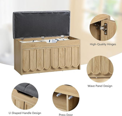 ORRD Shoe Storage Bench with Cushion, Entryway Shoe Cabinet Bench with 2 Scalloped Doors & Adjustable Shelf, 2-Tier Shoe Rack Organizer Cabine for Entryway, Hallway, Living Room (Natural)
