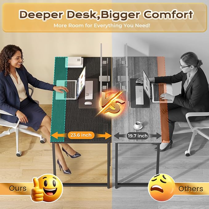 PRAISUN 40 X 24 Inch Deeper Desk with Power Outlets | Small Computer Desk for Bedroom, Office Desk for Work from Home, Writing Study Gaming Table, Stable Metal Frame, Black