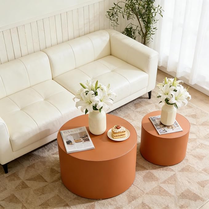 Round Coffee Table Set of 2, Modern Leather Circle Accent Tables, Minimalist Wooden Drum Side Table for Small Spaces Living Room Bedroom Balcony Office, Orange