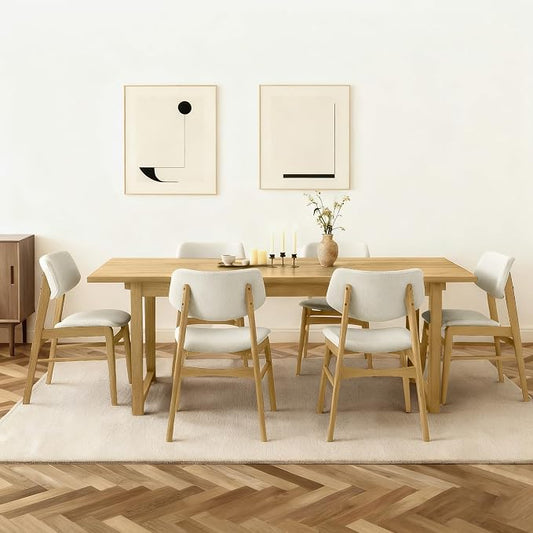 KISLOT Wooden Dining Chairs Set of 6, Upholstered Modern Dining Room Chairs, Solid Oak Wood Kitchen Chairs with Soft Cushion Backrest for Farmhouse, Restaurant, Café (Cream Fabric & Original Color)