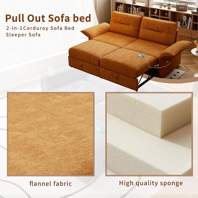 85" Pull Out Sofa Bed Full Size, Pre-Assembled Flannel Sleeper Sofa, Convertible Loveseat Futon Couch, Adjustable Armrest with USB, Pillows, for Apartment, Living Room, Small Spaces, Orange