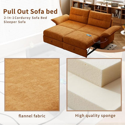 85" Pull Out Sofa Bed Full Size, Pre-Assembled Flannel Sleeper Sofa, Convertible Loveseat Futon Couch, Adjustable Armrest with USB, Pillows, for Apartment, Living Room, Small Spaces, Orange
