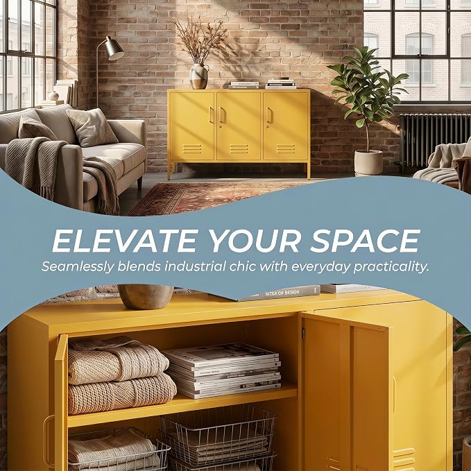 Yellow Metal Storage Cabinet 3 Door Wide Metal Storage Cabinet 2 Layer Adjustable Shelves 32 "H Wide Steel Lockable Storage Cabinet Multipurpose Metal Accent Cabinet for Office/Home/Dining